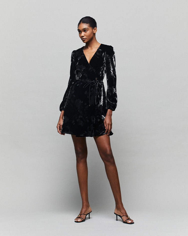 HUG Half-Discharge Black Velvet Wrap Dress